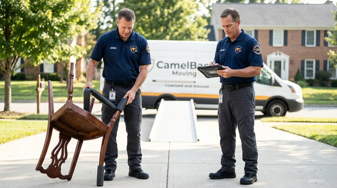 Movers inspecting furniture for damage prevention before loading in Eustis, FL