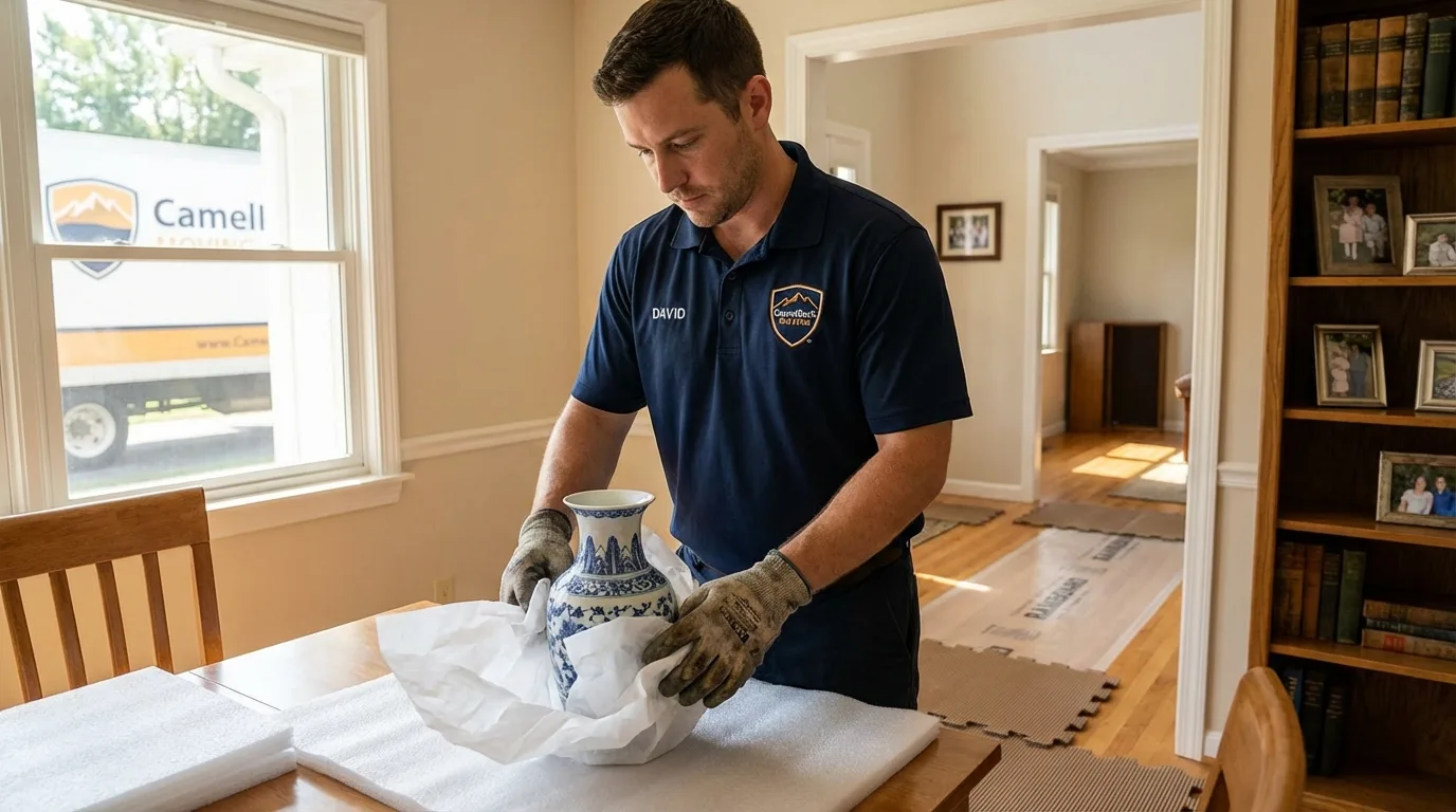 Professional crew carefully wrapping antique vase for senior downsizing move in Eustis, FL